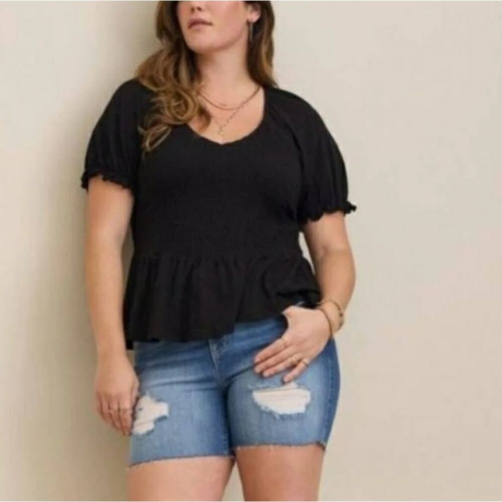 Torrid Plus Size 3X Black Smocked Babydoll Top - Cotton Modal Slub Knit